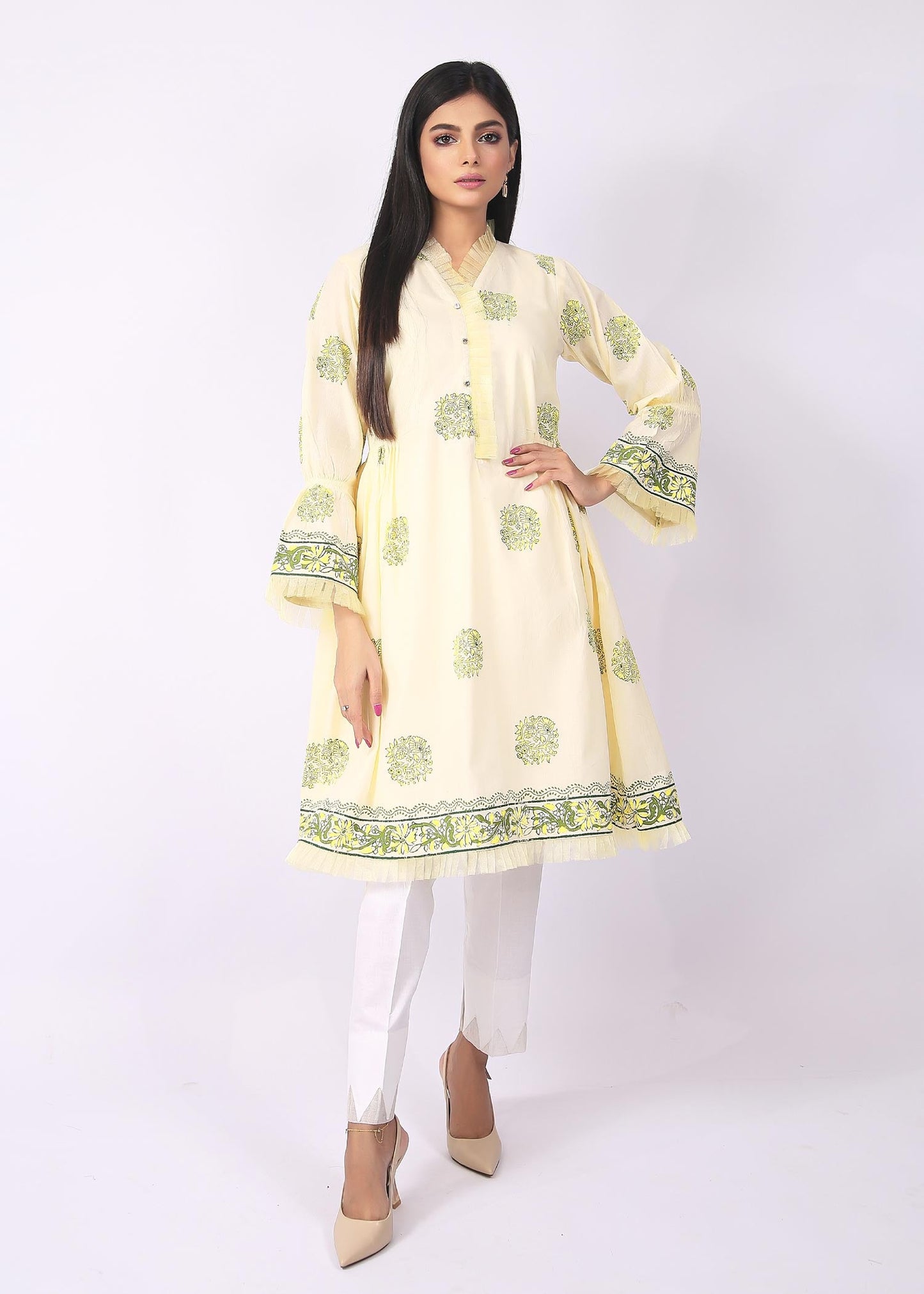 FashionPorters - Unstitched 3 Piece Block Printed Cotton Lawn Lime Soft Lemon Yellow Suit SUS22-RY13