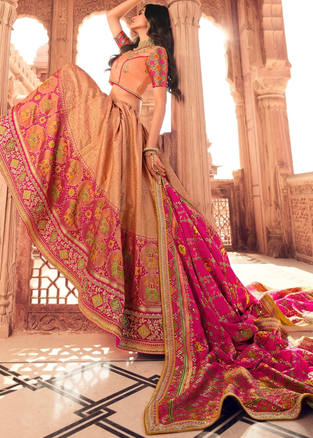 Salmon Pink & Magenta Banarasi Silk Lehenga Choli with Heavy Embroidery work