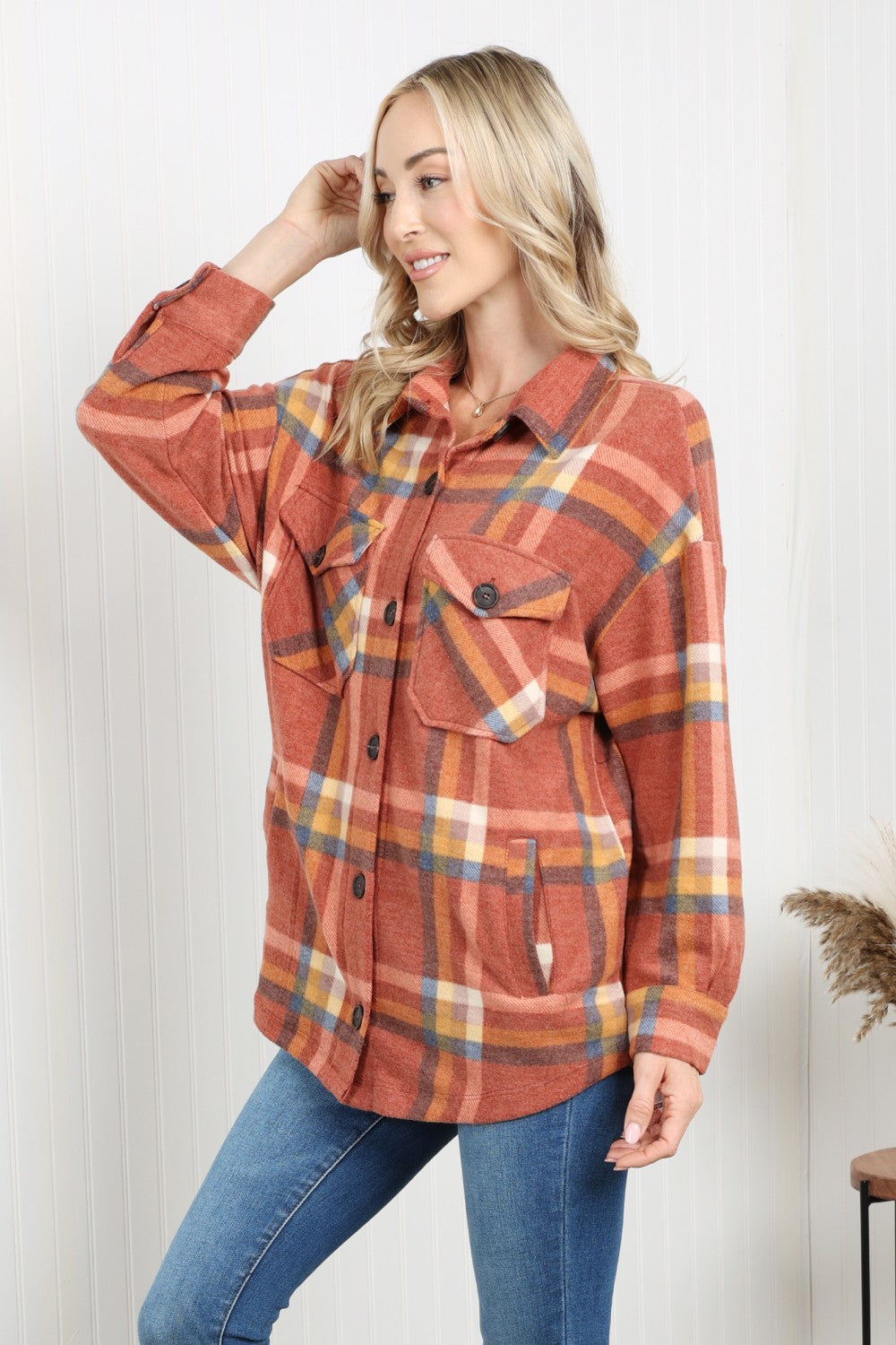 Zenana Pumpkin Spice Full Size Plaid Shacket in Rust