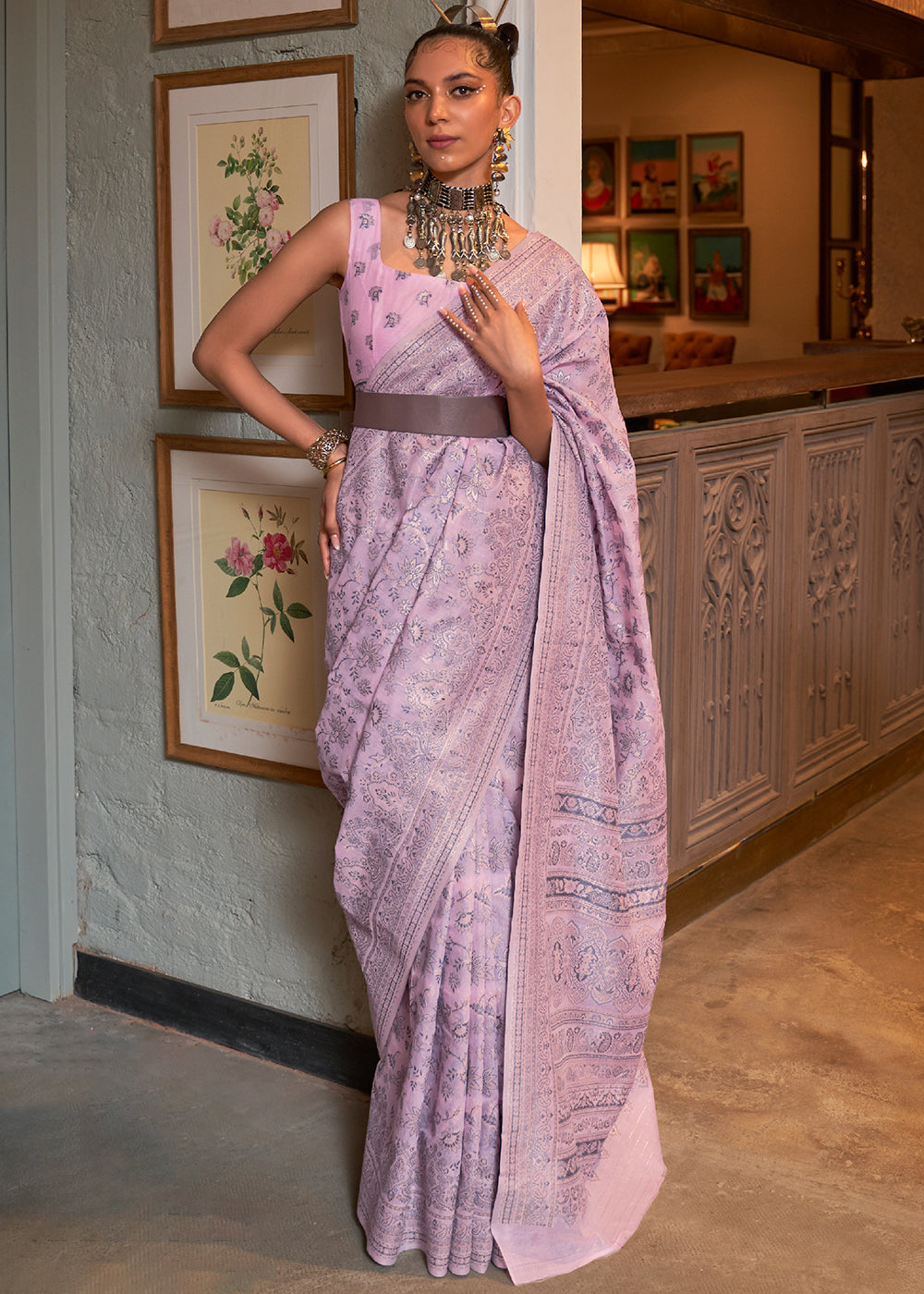 Lavender Purple Kashmiri Woven Cotton Silk Saree