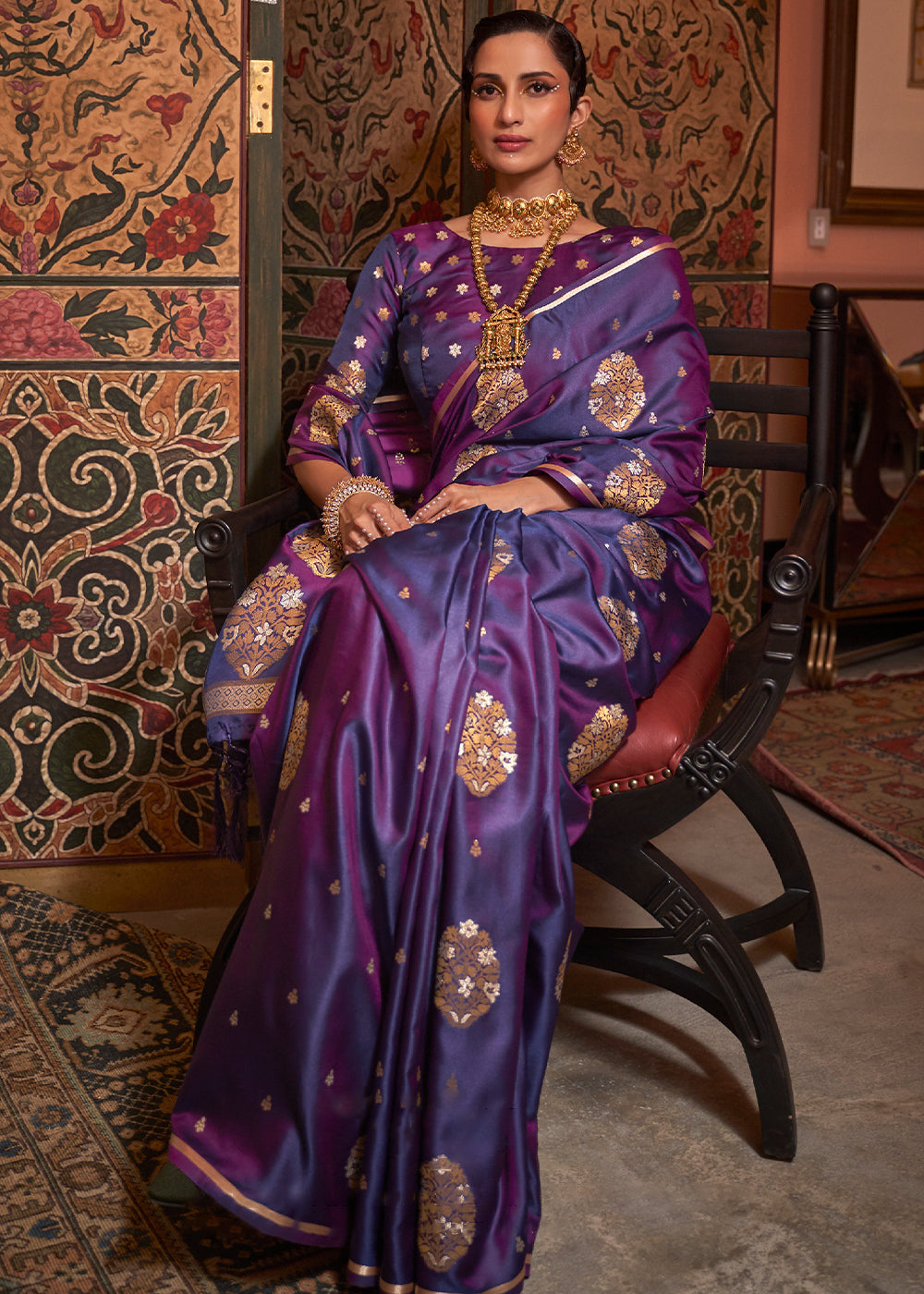 Grape Purple Copper Zari Woven Satin Silk Saree