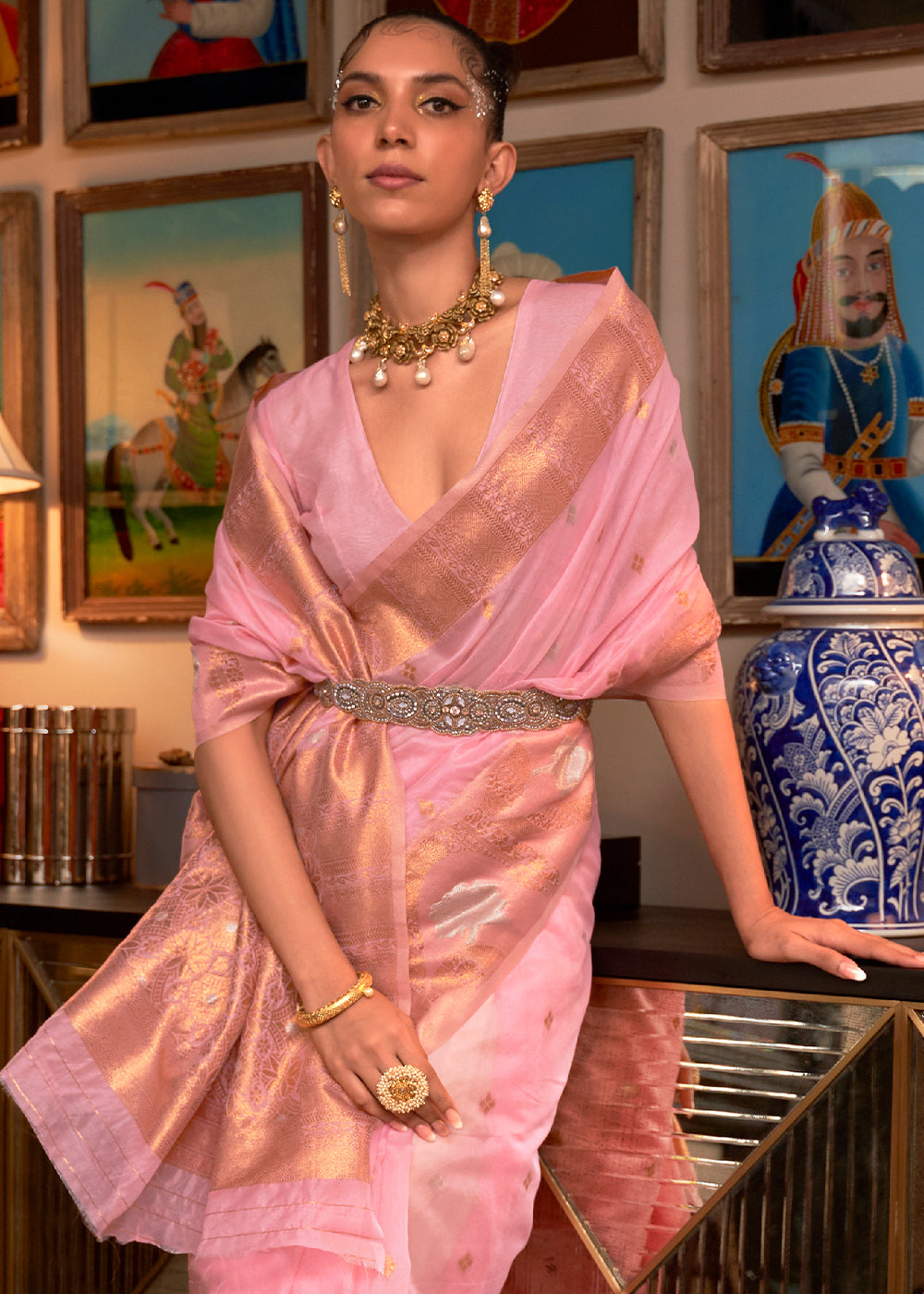 Carnation Pink Copper Zari Handloom Woven Silk Saree