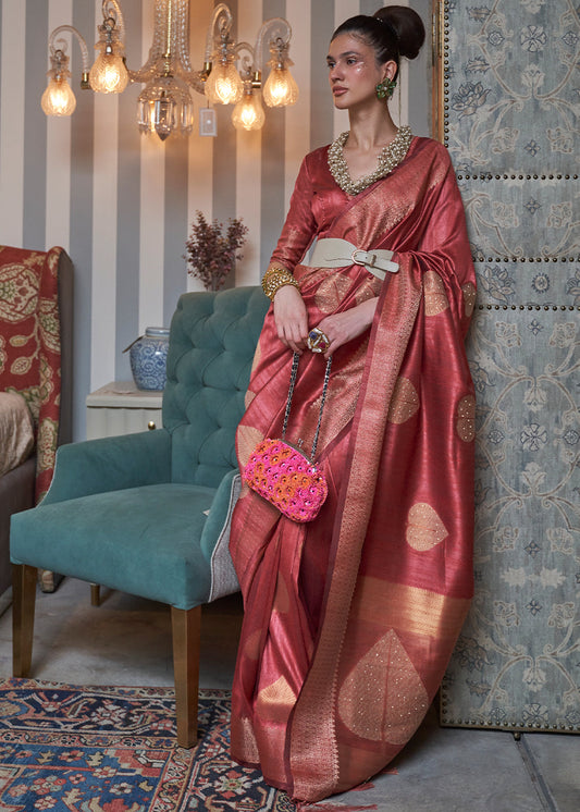 Berry Red Copper Zari Woven Silk Saree with Sequence work