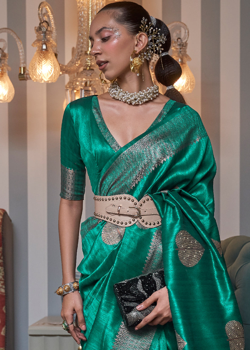 Jade Green Copper Zari Woven Silk Saree with Sequence work