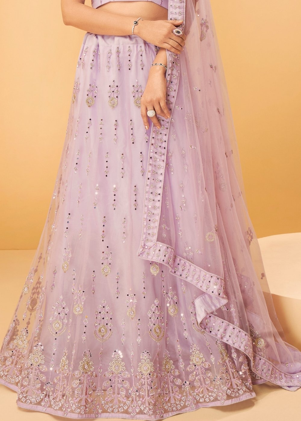 Lavender Purple Net Lehenga Choli with Thread Embroidery,Mirror & Zarkan work