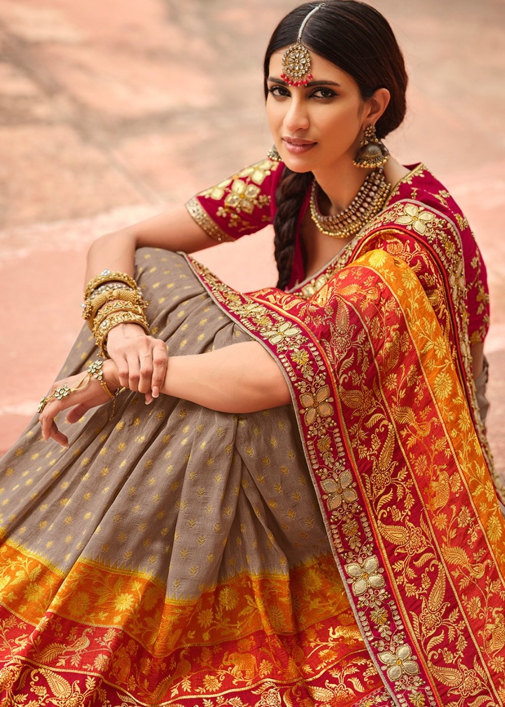 Grey & Orange Woven Dola Silk Saree Having Khatli work on Border & Blouse