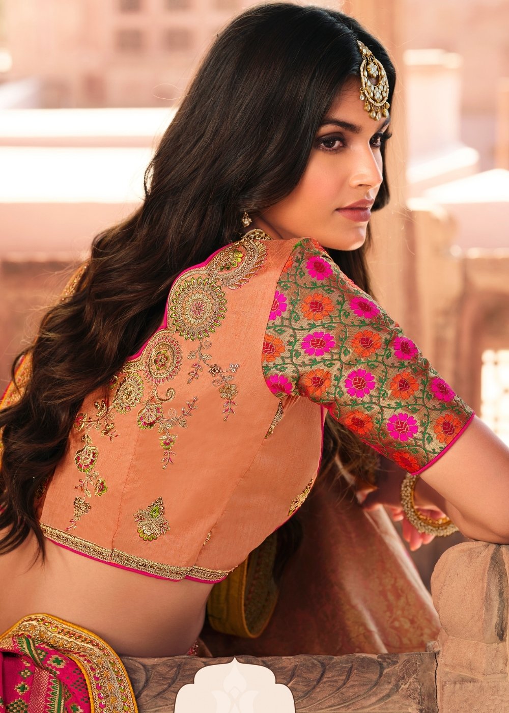 Salmon Pink & Magenta Banarasi Silk Lehenga Choli with Heavy Embroidery work