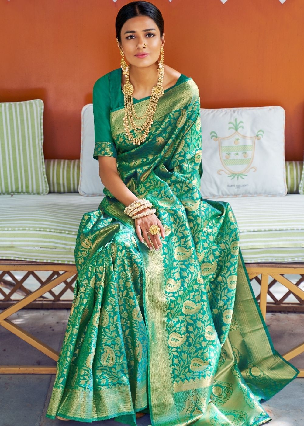 Grass Green Woven Banarasi Brocade Silk Saree