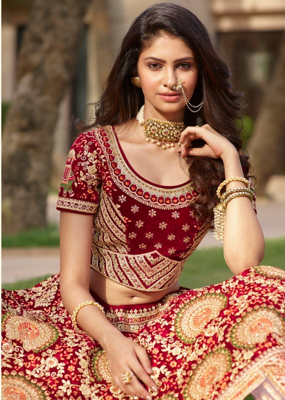 Mahagony Red Velvet Lehenga Choli with Heavy Embroidery Work