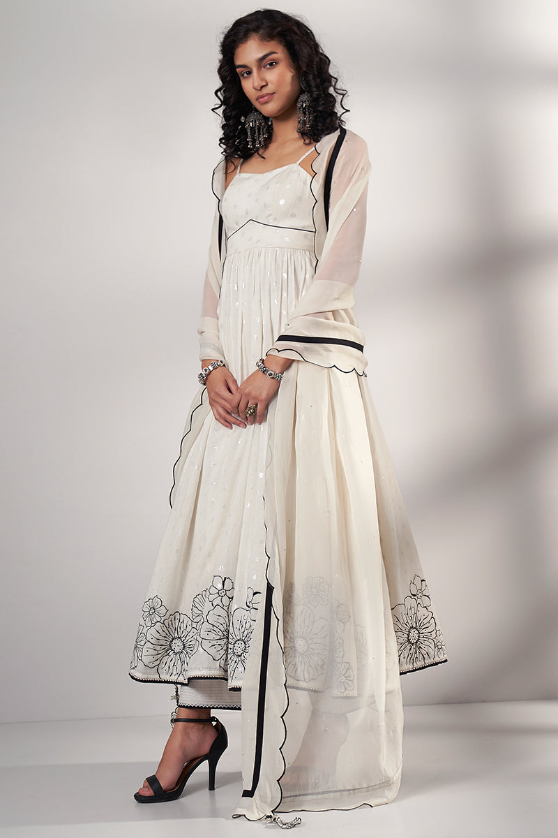 Milky White Handloom Cotton Jacquard Kurta Set With Organza Dupatta With Tassel Detailing