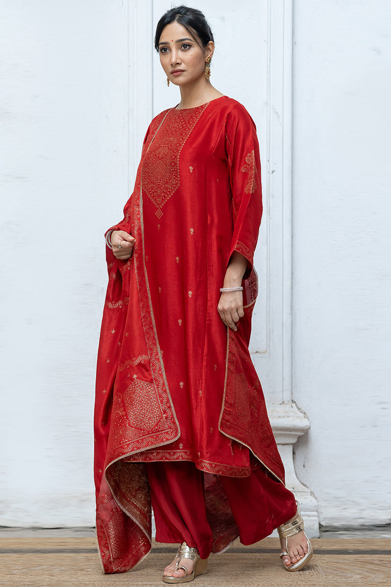 Salsa Red Woven Salwar Suit With Zari Woven Raw Silk Dupatta