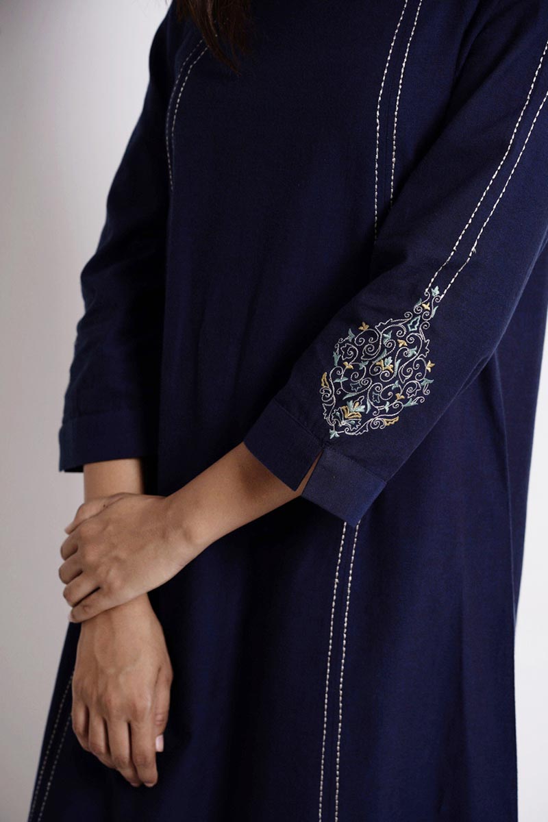 Navy Blue Embroidered Cotton Kurta With Woven Cotton Dupatta