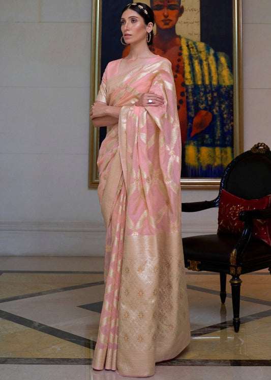 Sweet Pink Banarasi-Chanderi Fusion Woven Silk Saree