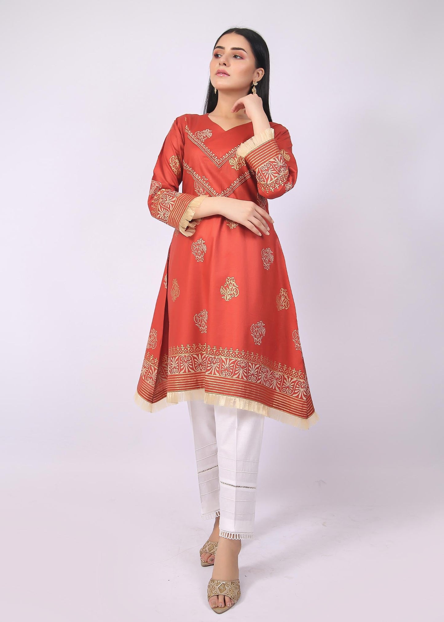 FashionPorters - Unstitched 3 Piece Block Printed Cotton Lawn Bright Orange Suit