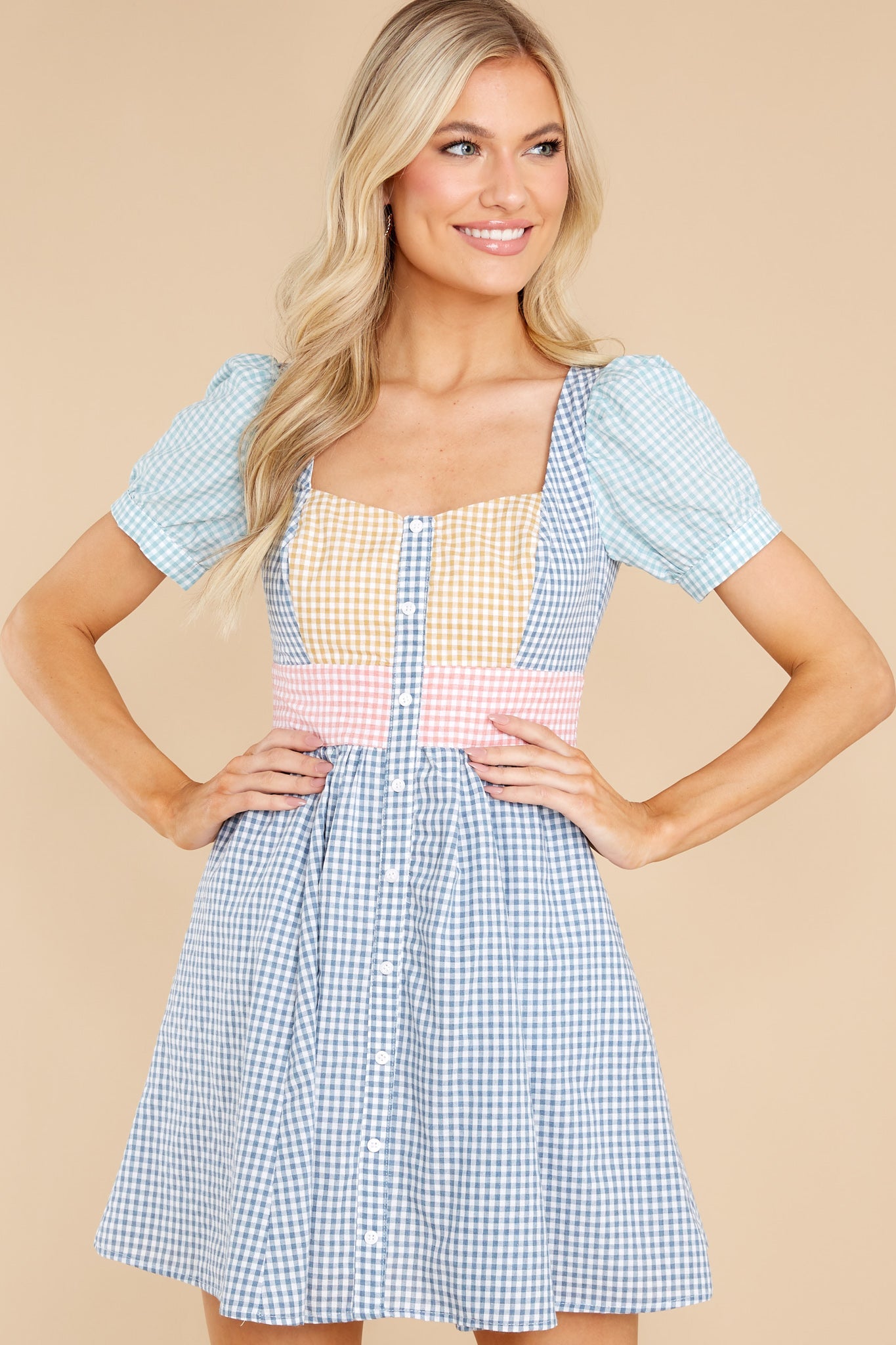 Sweet Wishes Blue Colorblock Gingham Dress