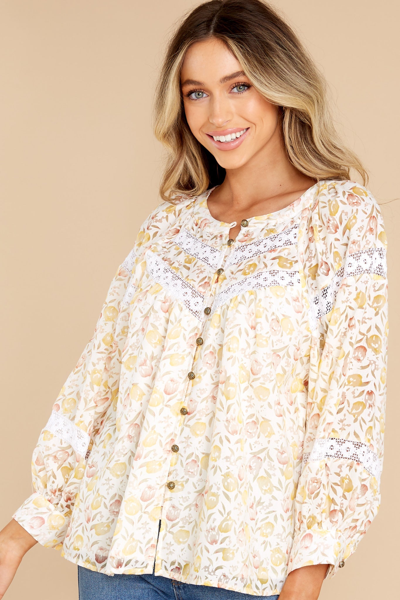 Touch Of Tulips Light Yellow Floral Top