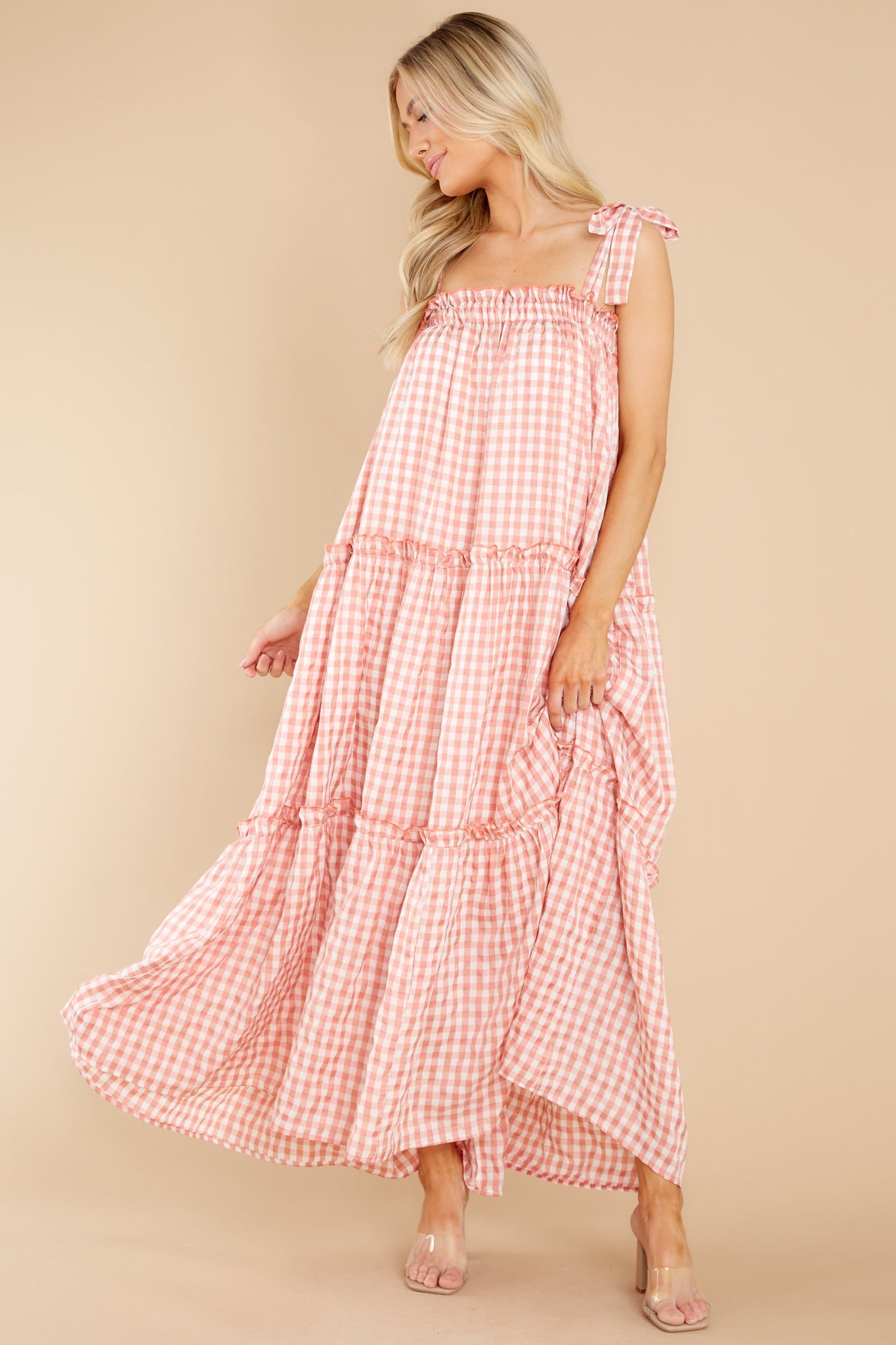 Cherished Memories Apricot Orange Gingham Maxi Dress