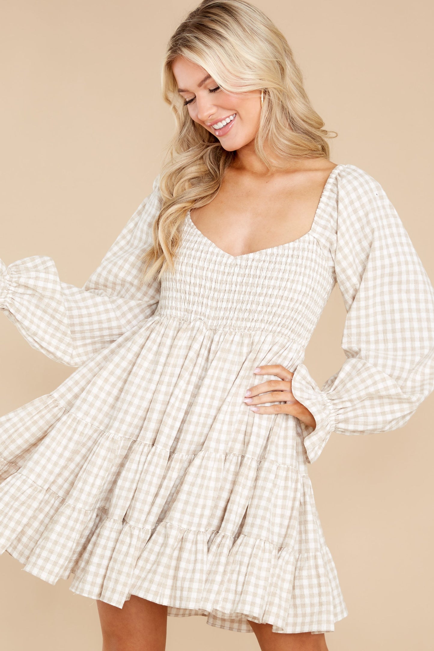 Mini Escape Beige Gingham Dress