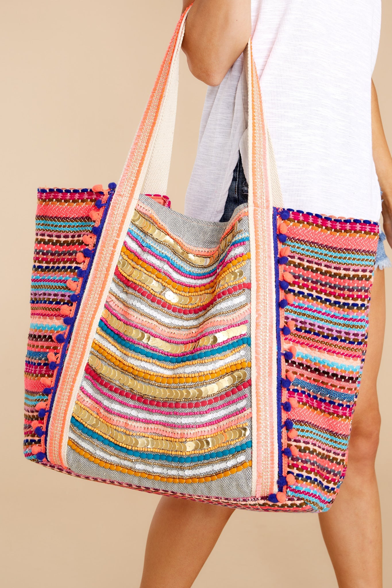 Pure Excitement Pink Multi Beaded Knit Bag