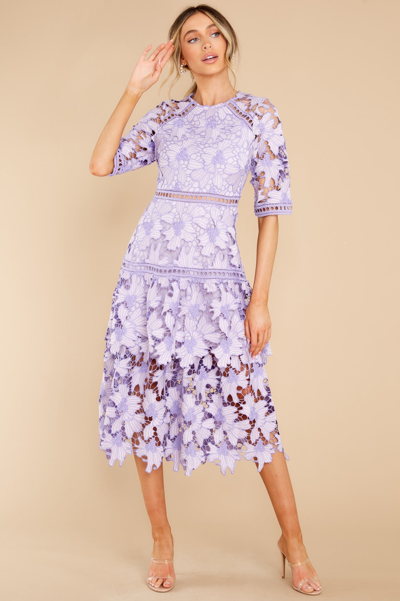 Get To The Point Lavender Lace Midi Dress