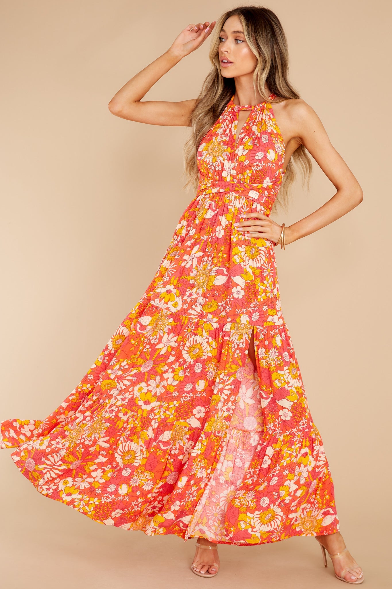 Floral Fantasy Coral Multi Print Maxi Dress
