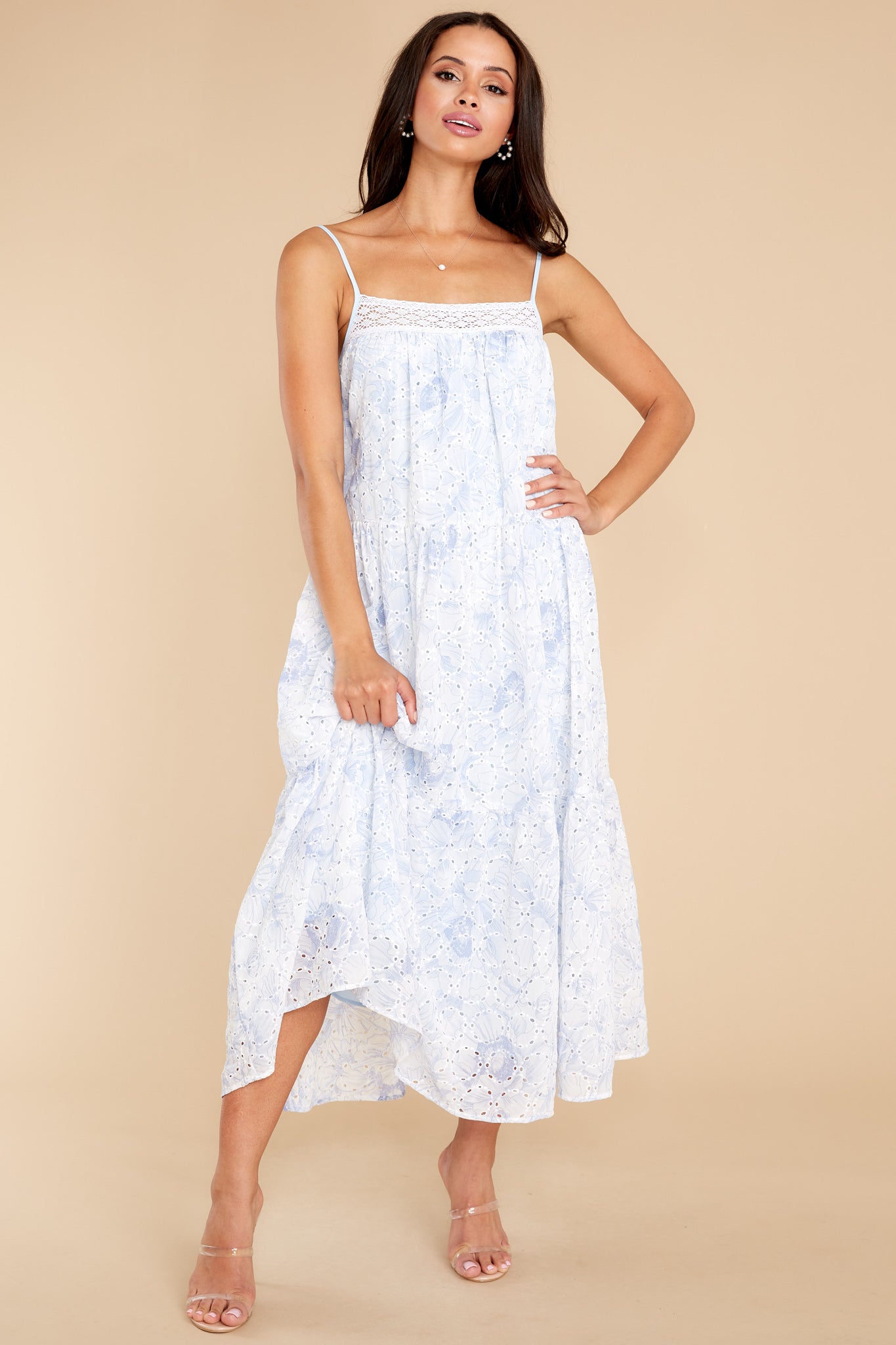 Treat With Care Baby Blue Floral Print Eyelet Midi Dress