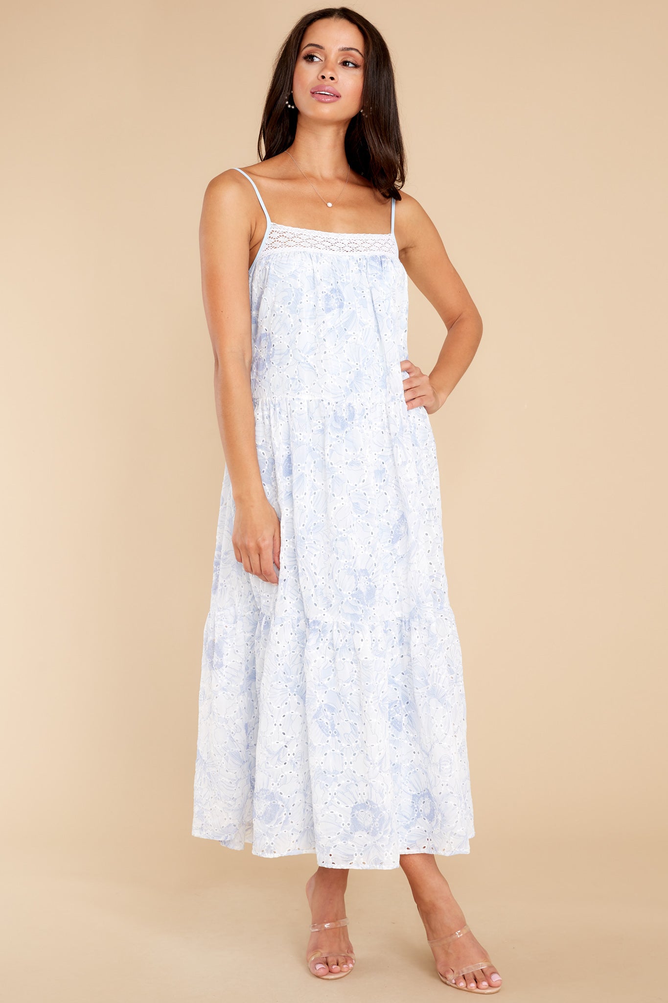 Treat With Care Baby Blue Floral Print Eyelet Midi Dress