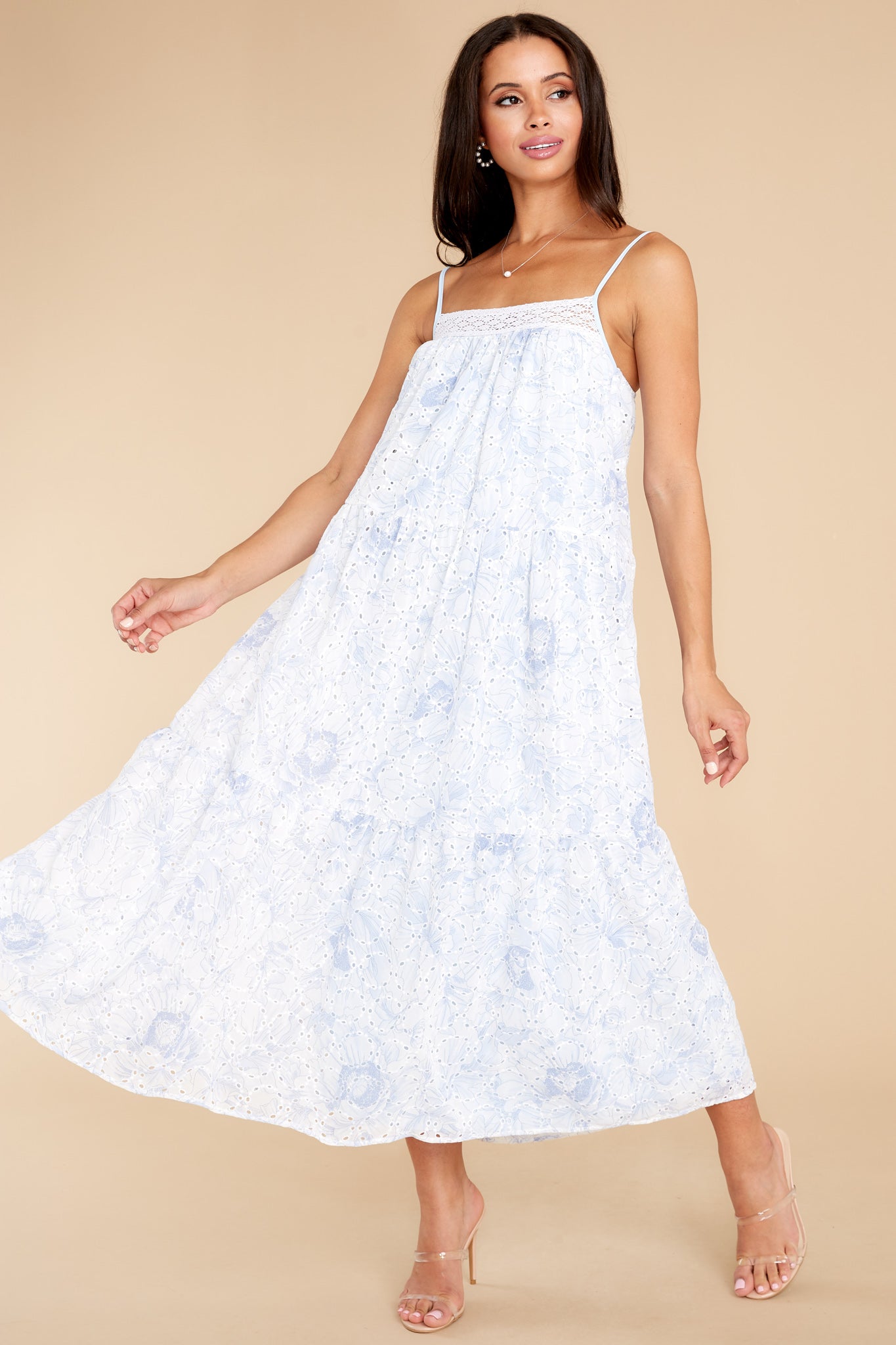 Treat With Care Baby Blue Floral Print Eyelet Midi Dress