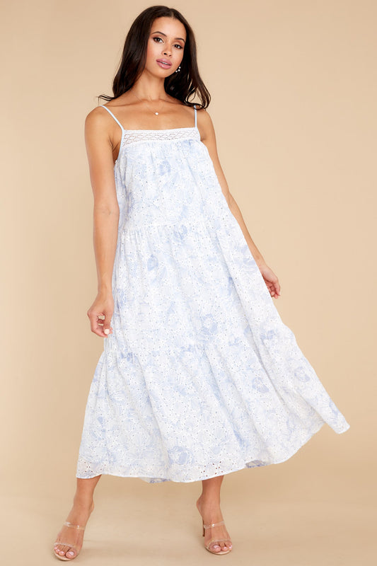 Treat With Care Baby Blue Floral Print Eyelet Midi Dress