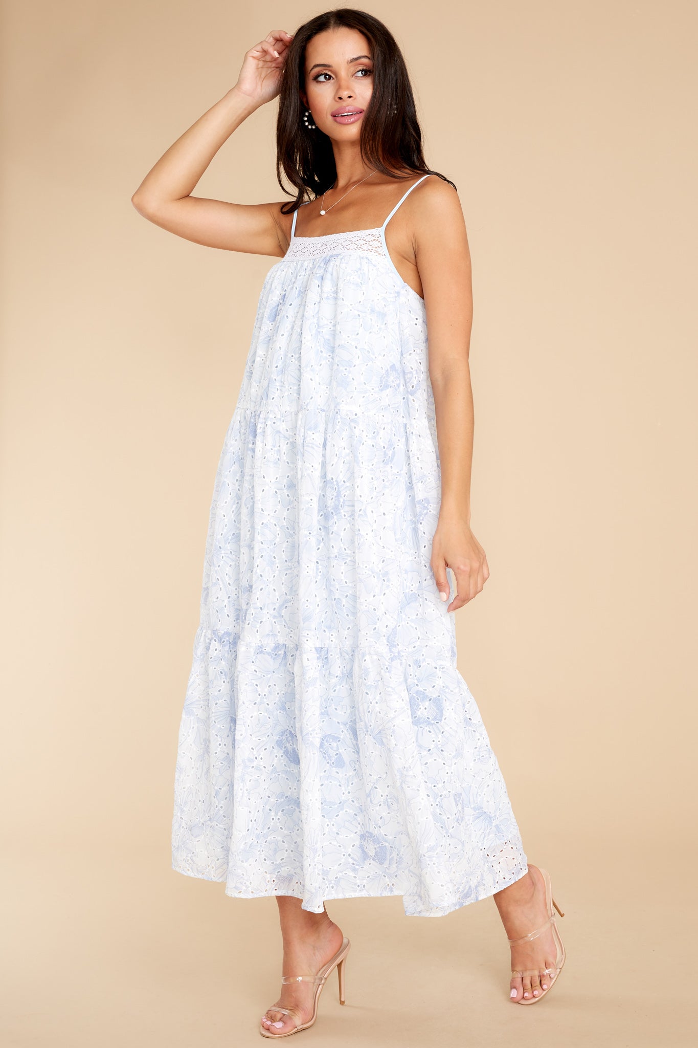 Treat With Care Baby Blue Floral Print Eyelet Midi Dress