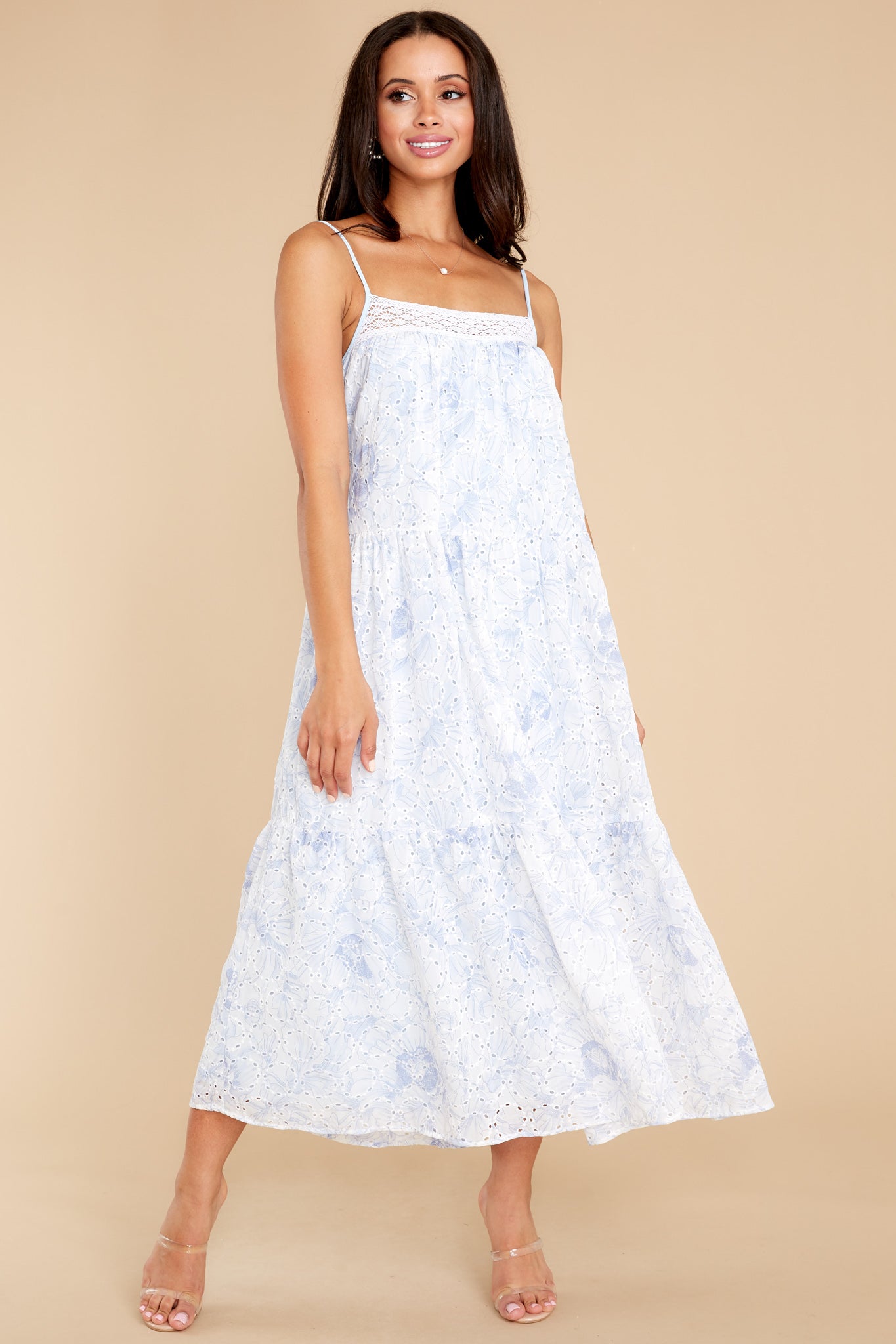 Treat With Care Baby Blue Floral Print Eyelet Midi Dress