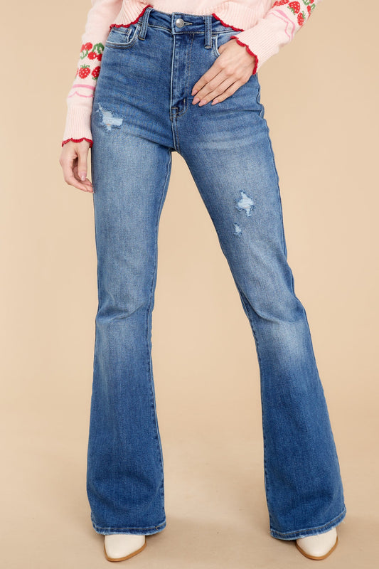 Why So Serious Medium Wash Distressed Flare Jeans