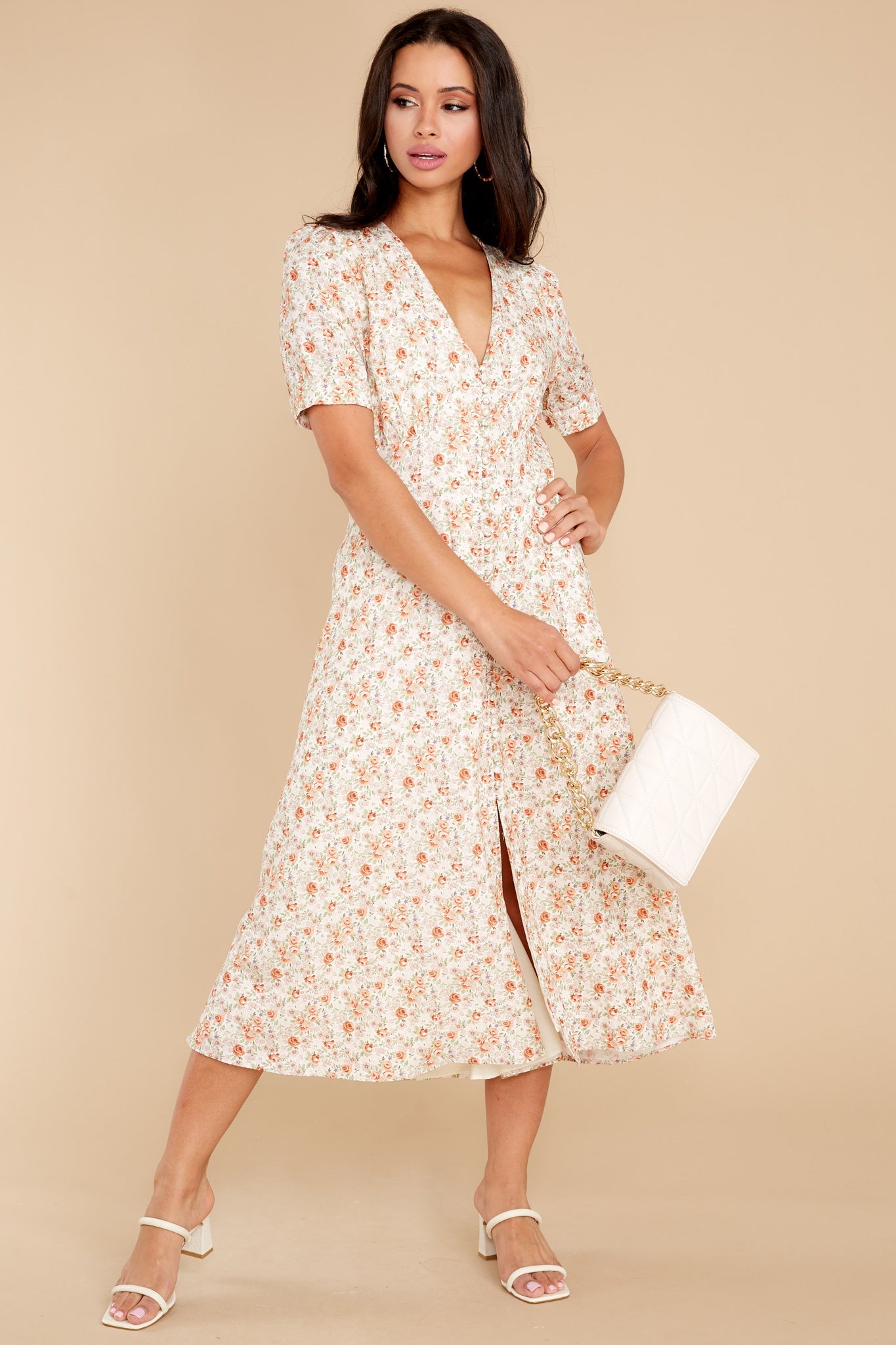 Sweet Ambition Ivory Floral Print Midi Dress