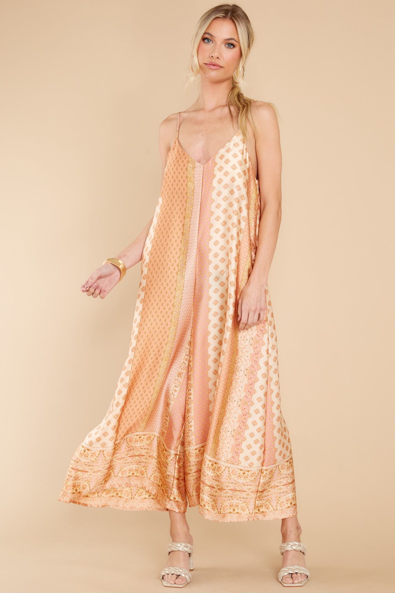 Going Abroad Apricot Multi Print Jumpsuit
