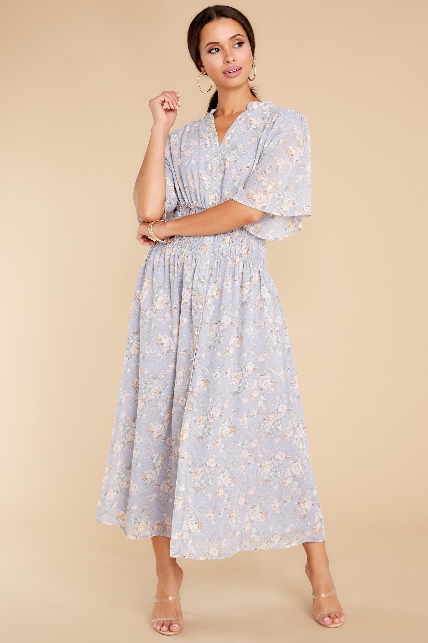 Such A Vision Dusty Blue Floral Print Midi Dress