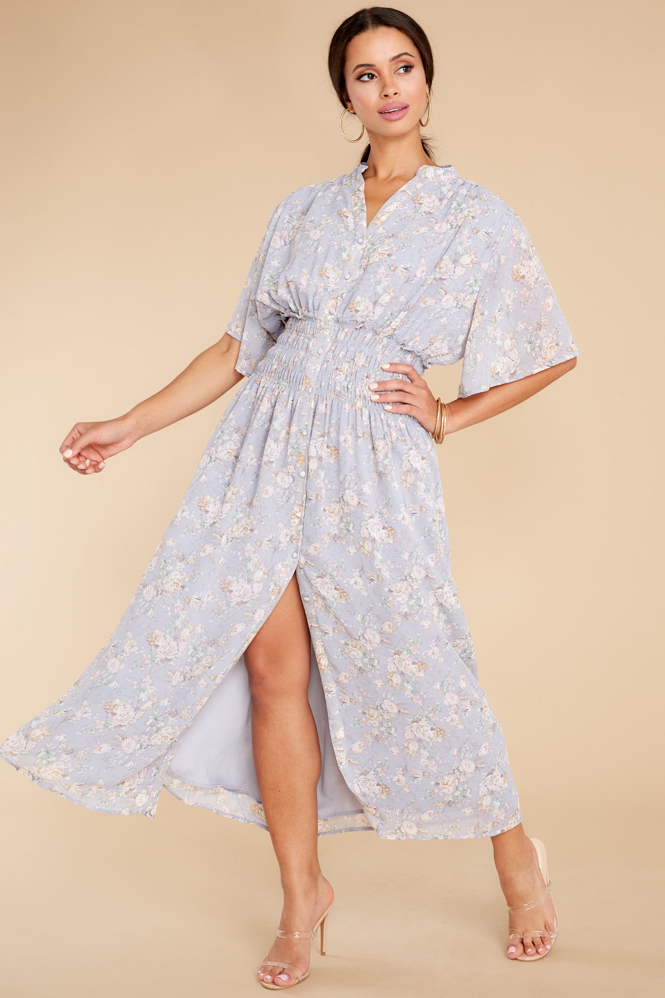 Such A Vision Dusty Blue Floral Print Midi Dress