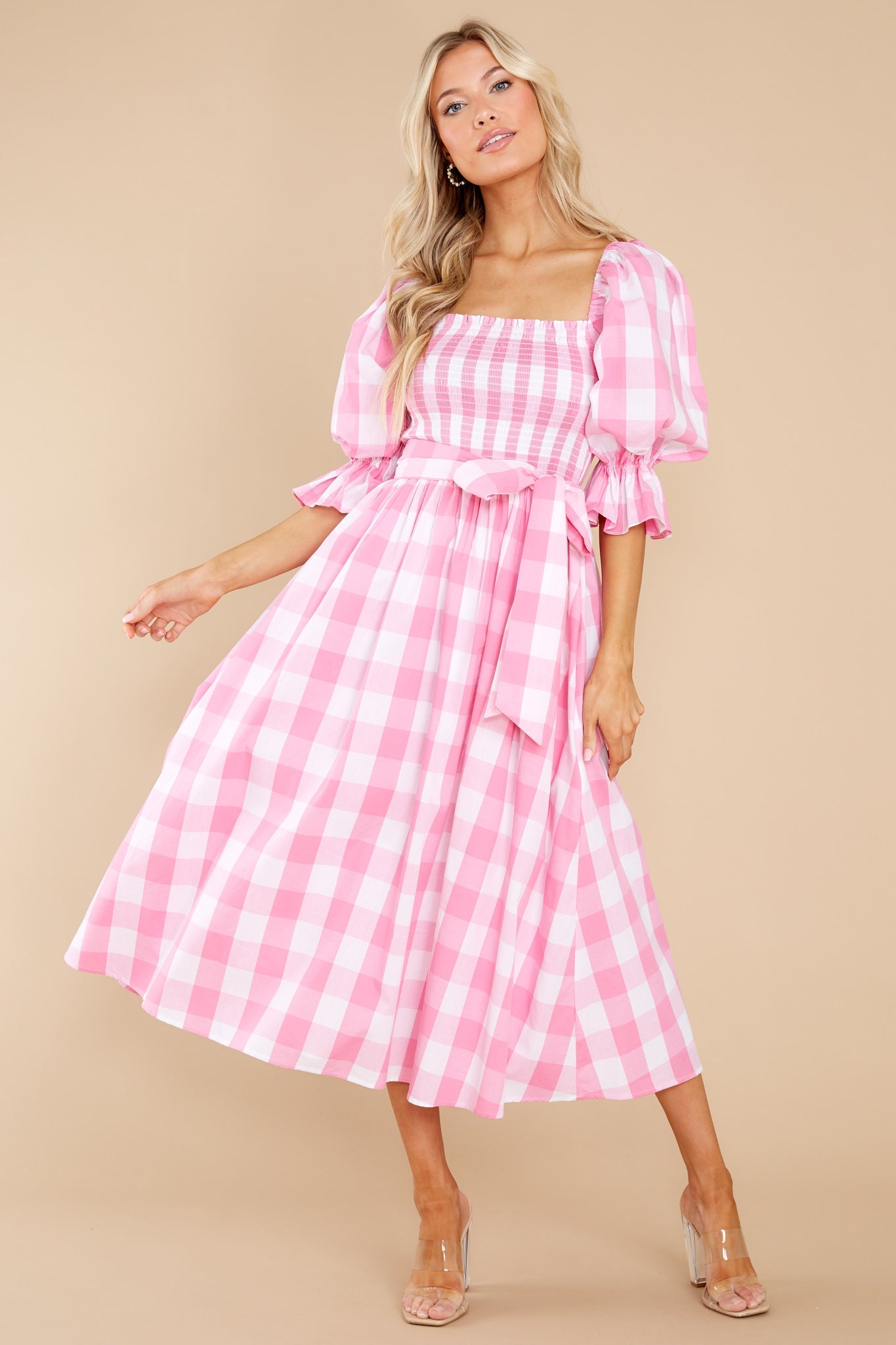 Dignity And Grace Pink Gingham Midi Dress