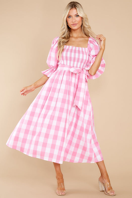 Dignity And Grace Pink Gingham Midi Dress