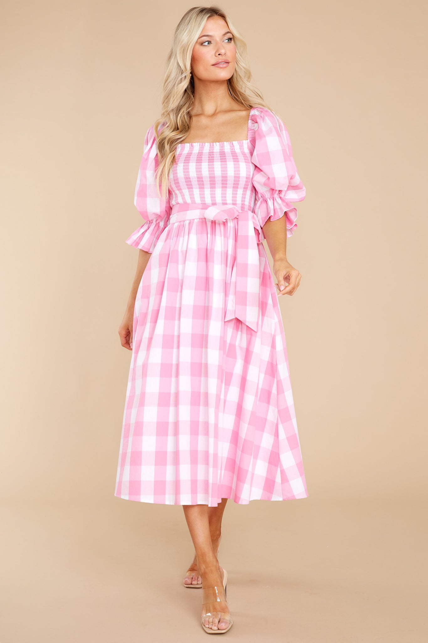 Dignity And Grace Pink Gingham Midi Dress