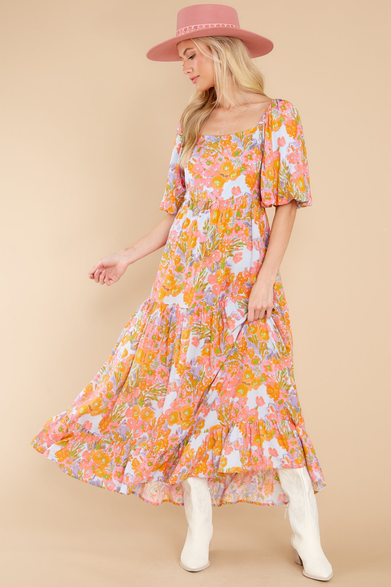 Charming Smile Orange Floral Print Maxi Dress