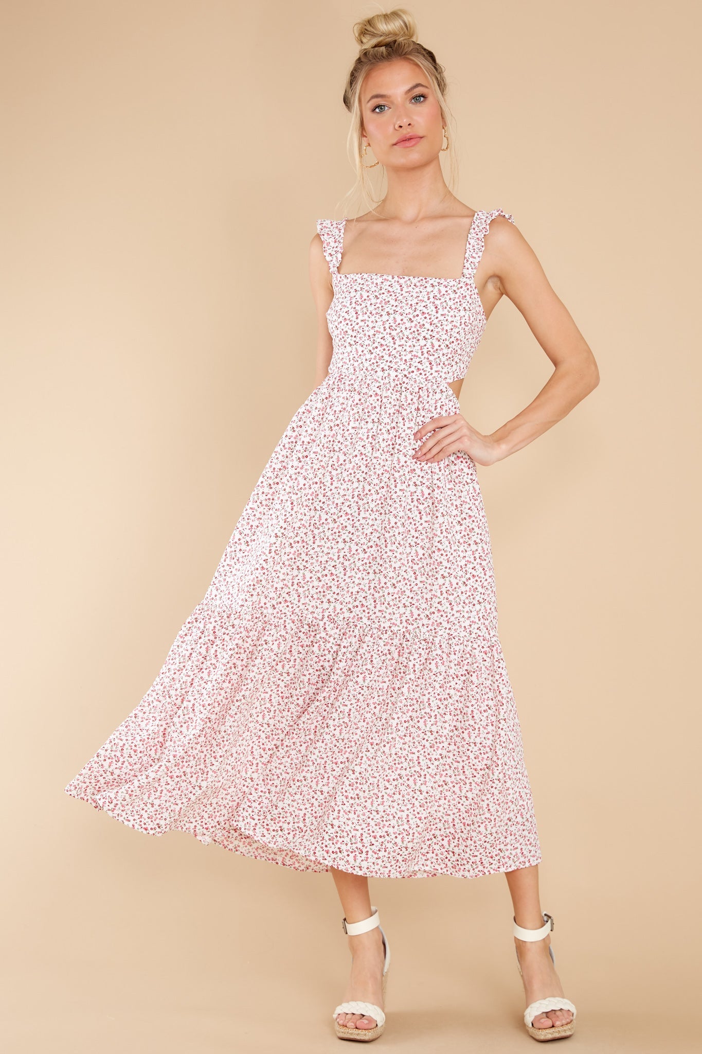 Never Goodbye Red Floral Print Midi Dress