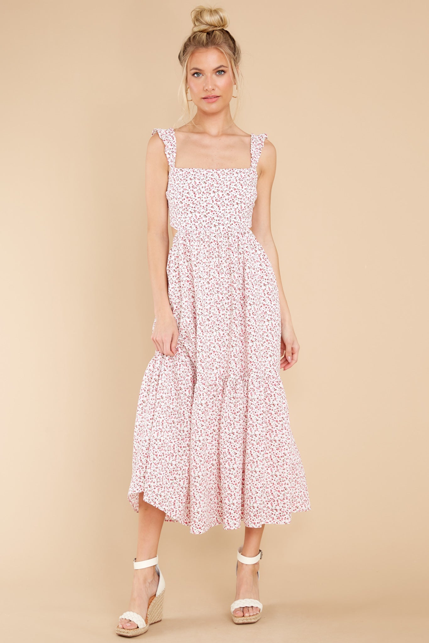 Never Goodbye Red Floral Print Midi Dress