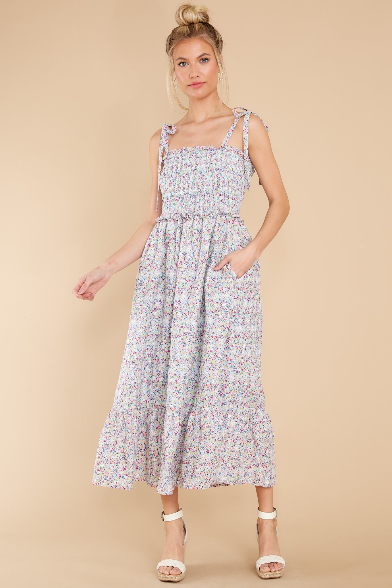 Gentle Greetings Powder Blue Multi Floral Print Midi Dress