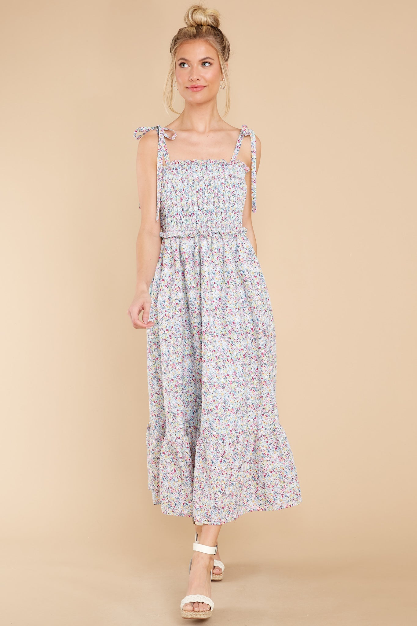 Gentle Greetings Powder Blue Multi Floral Print Midi Dress