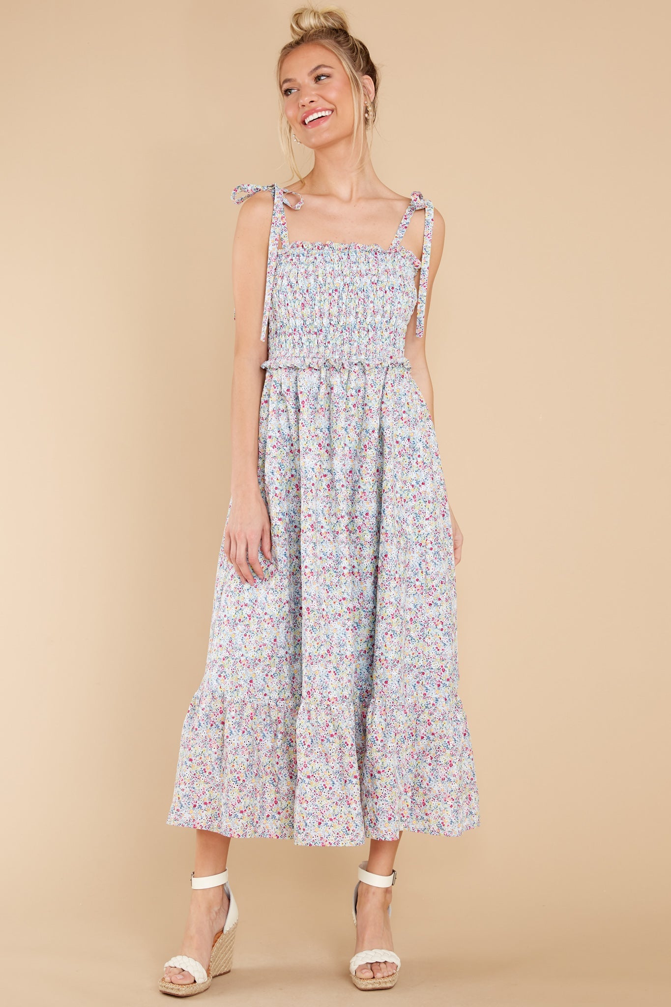 Gentle Greetings Powder Blue Multi Floral Print Midi Dress