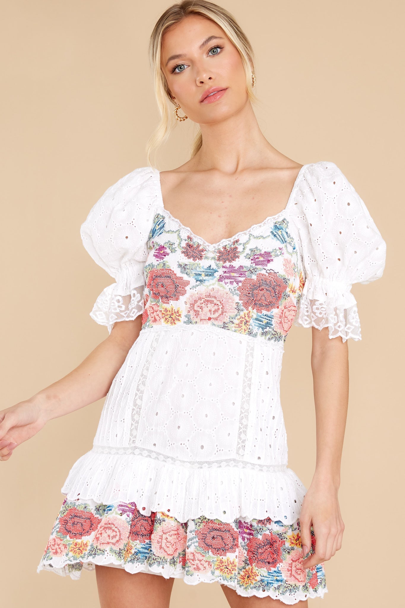 Thressey True White Eyelet Embroidered Mini Dress