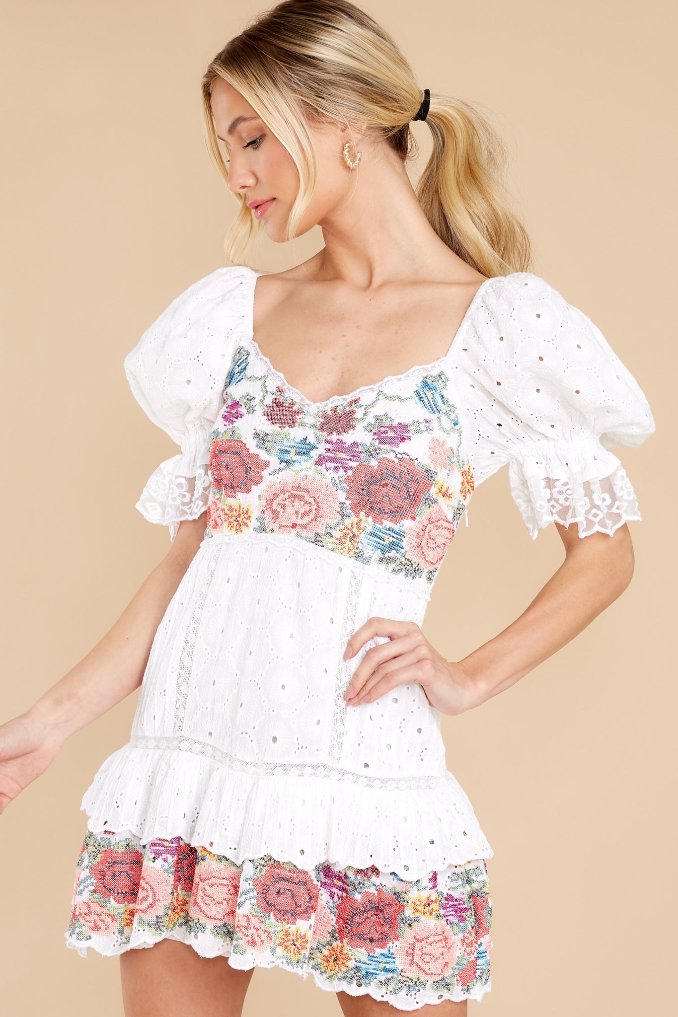 Thressey True White Eyelet Embroidered Mini Dress