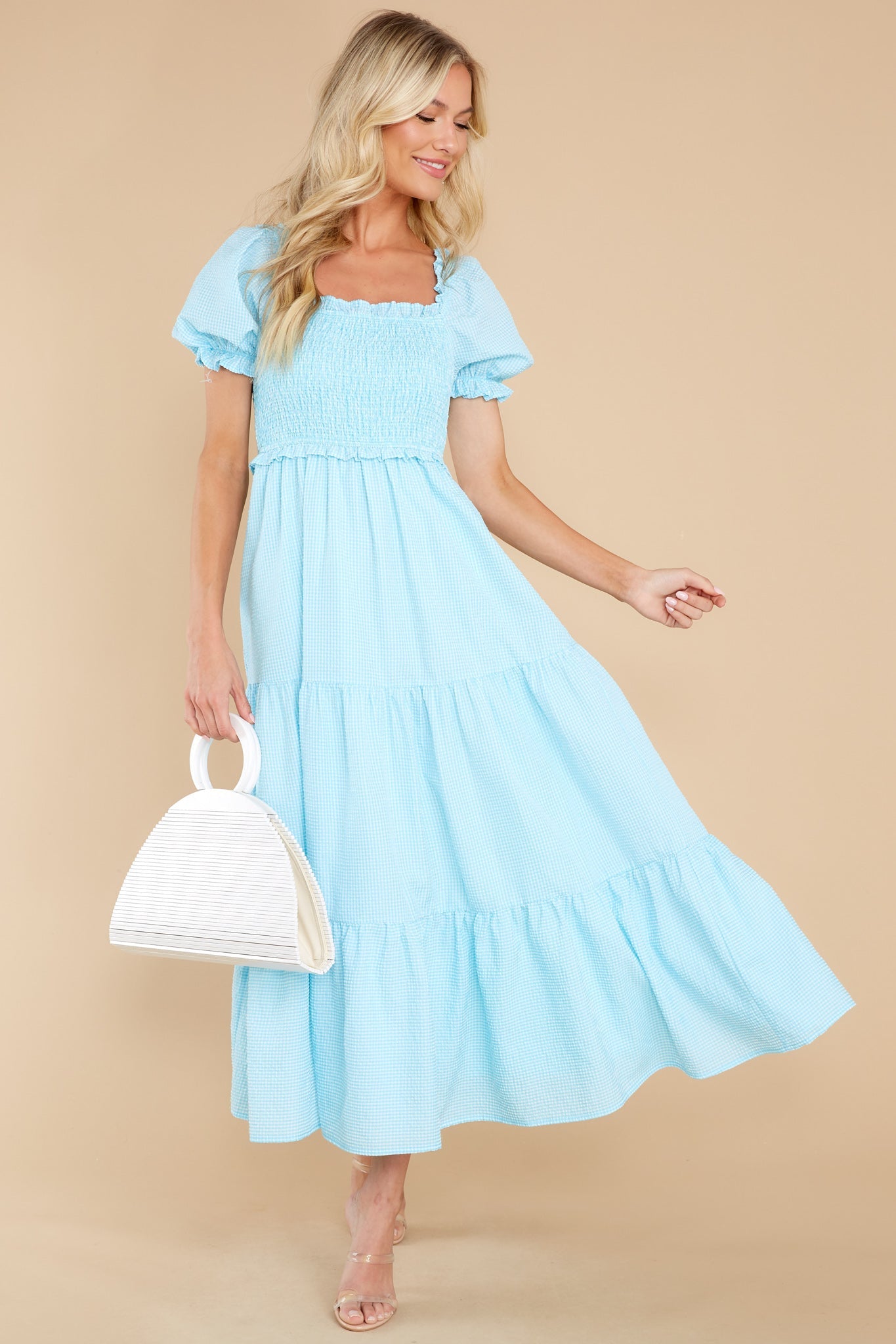 Acts Of Kindness Aqua Blue Gingham Midi Dress