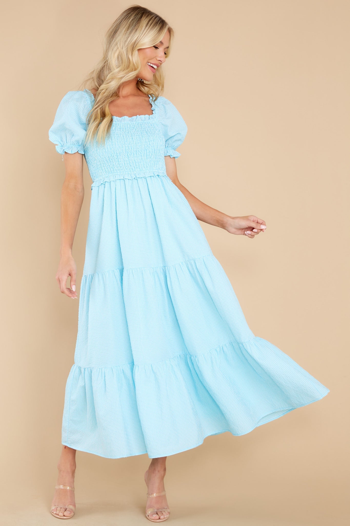 Acts Of Kindness Aqua Blue Gingham Midi Dress