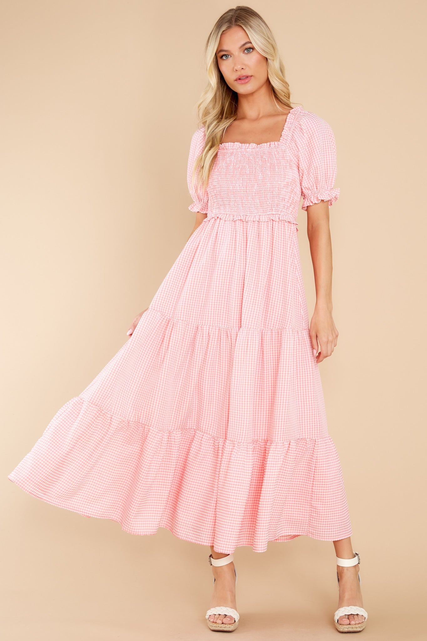 Acts Of Kindness Coral Pink Gingham Midi Dress